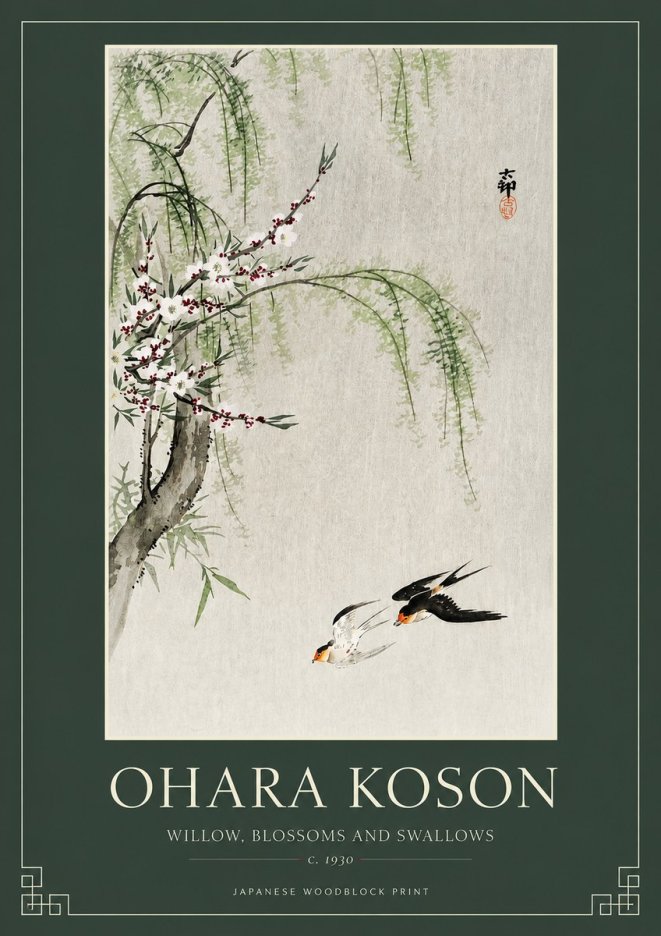 Ohara Koson Willow, Blossoms and Swallows No2 - Póster