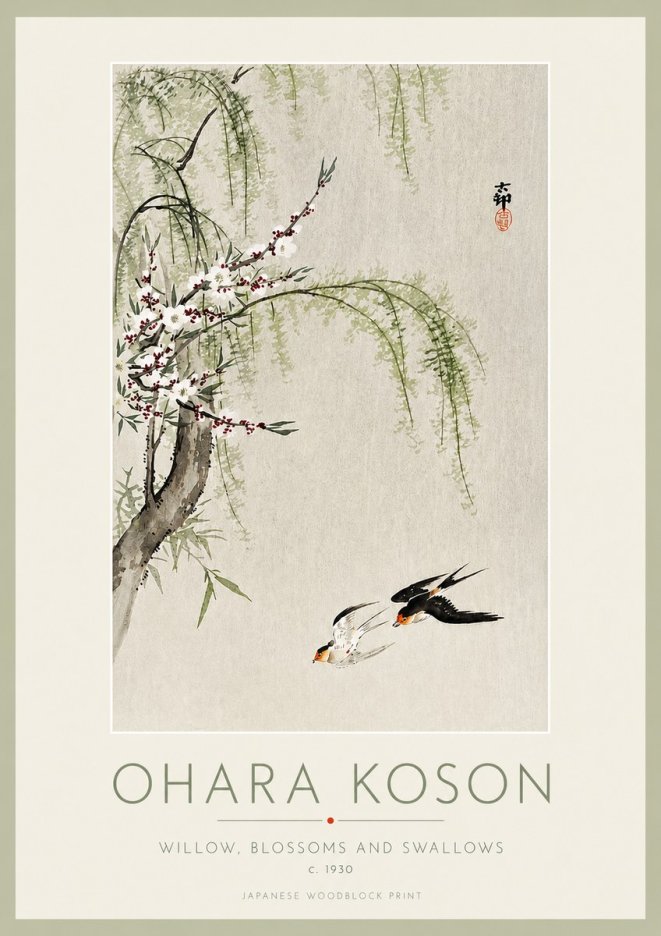 Ohara Koson Willow, Blossoms and Swallows No3 - Póster