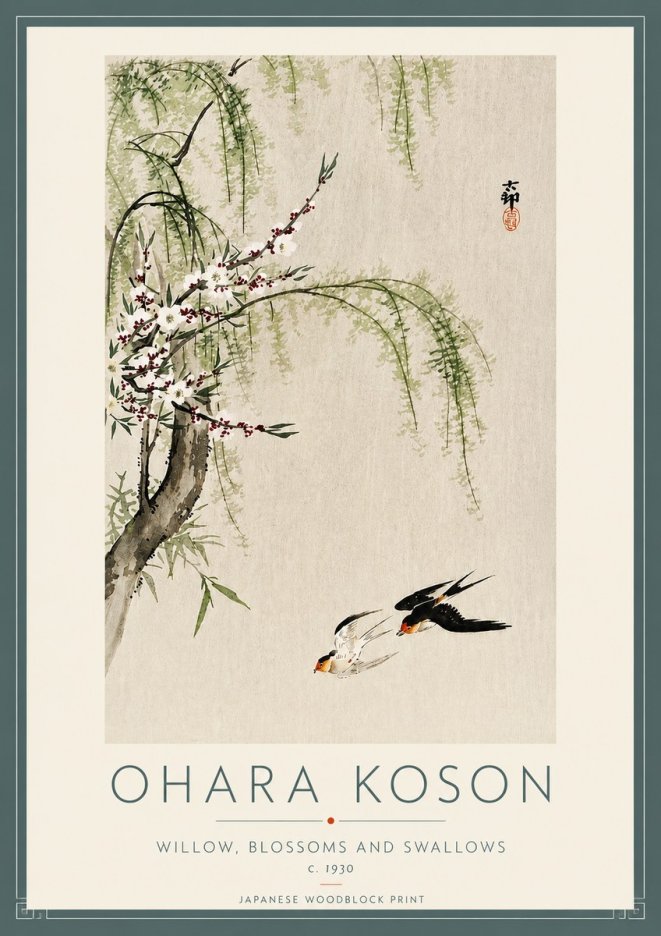 Ohara Koson Willow, Blossoms and Swallows No4 - Póster