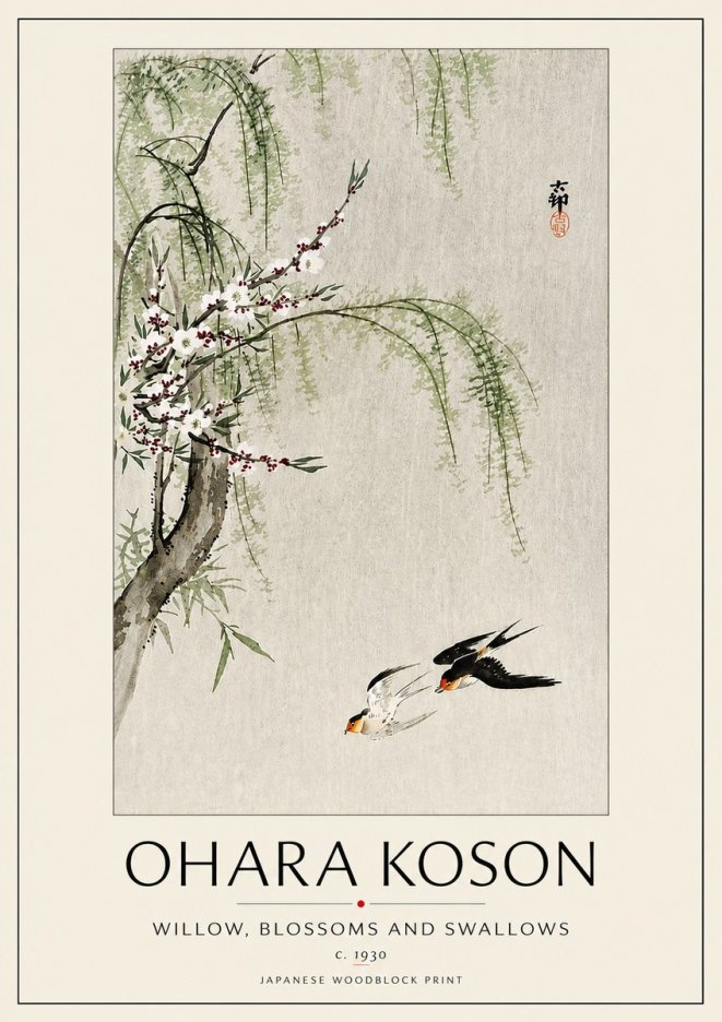 Ohara Koson Willow, Blossoms and Swallows No5 - Póster