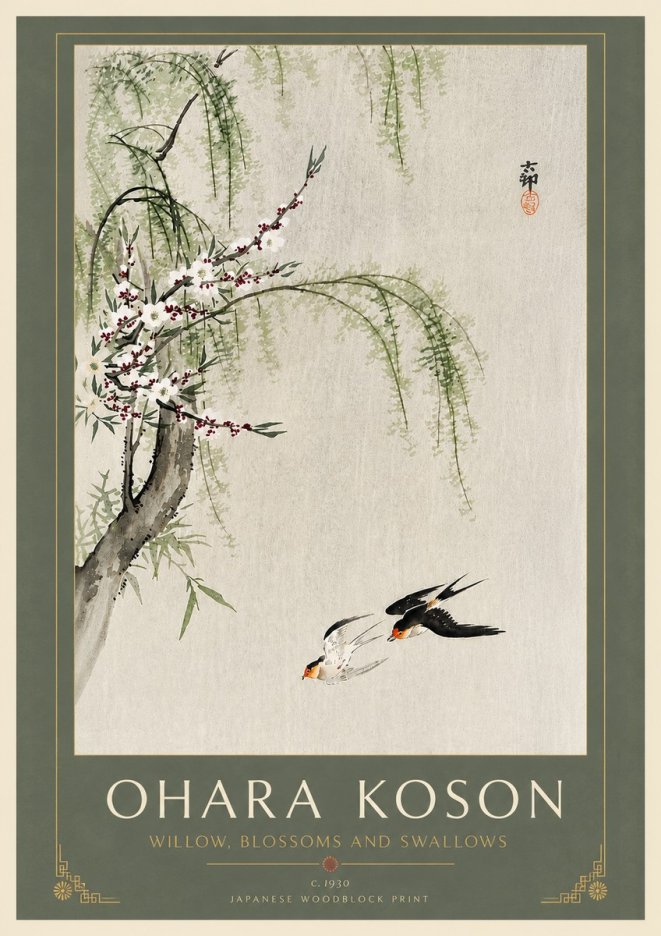Ohara Koson Willow, Blossoms and Swallows No6 - Póster