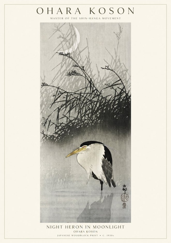 Ohara Koson Night Heron in Moonlight No1 - Póster