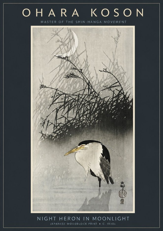 Ohara Koson Night Heron in Moonlight No2 - Póster