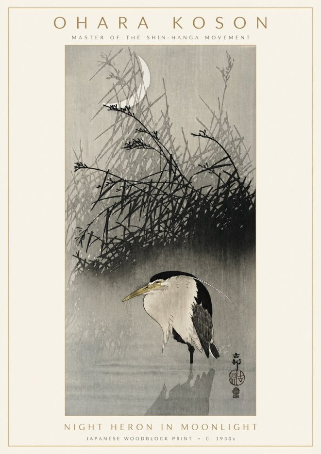 Ohara Koson Night Heron in Moonlight No3 - Póster