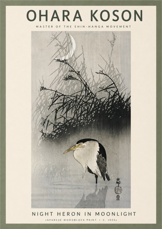 Ohara Koson Night Heron in Moonlight No4 - Póster