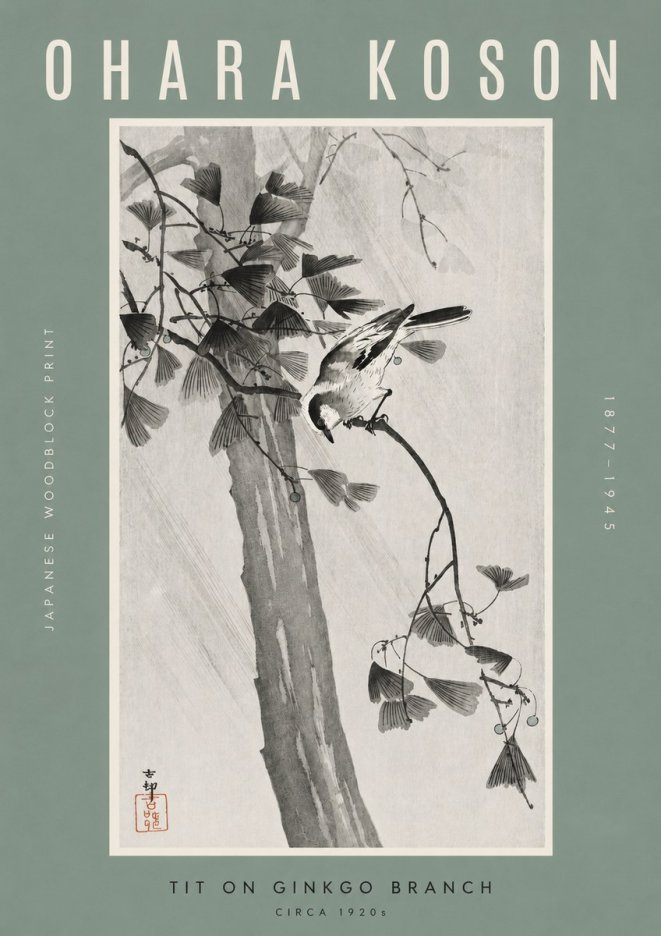 Ohara Koson Tit on Ginkgo Branch No2 - Póster