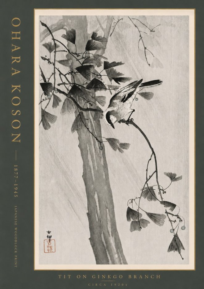 Ohara Koson Tit on Ginkgo Branch No4 - Póster