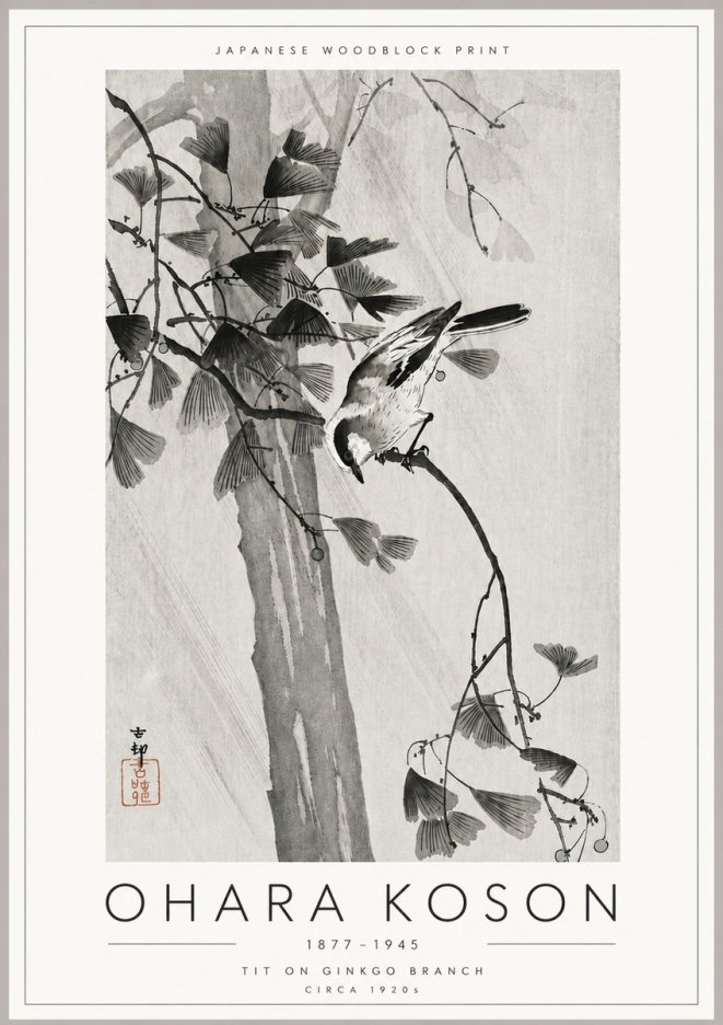 Ohara Koson Tit on Ginkgo Branch No6 - Póster