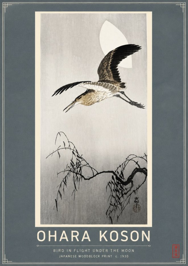 Ohara Koson Bird in Flight Under the Moon No4 - Póster