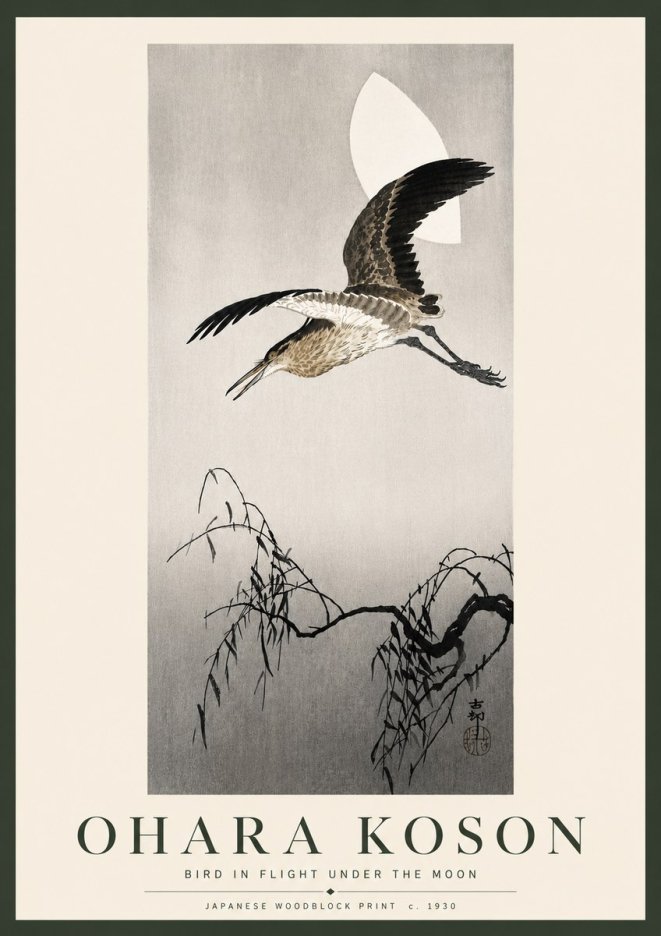 Ohara Koson Bird in Flight Under the Moon No5 - Póster