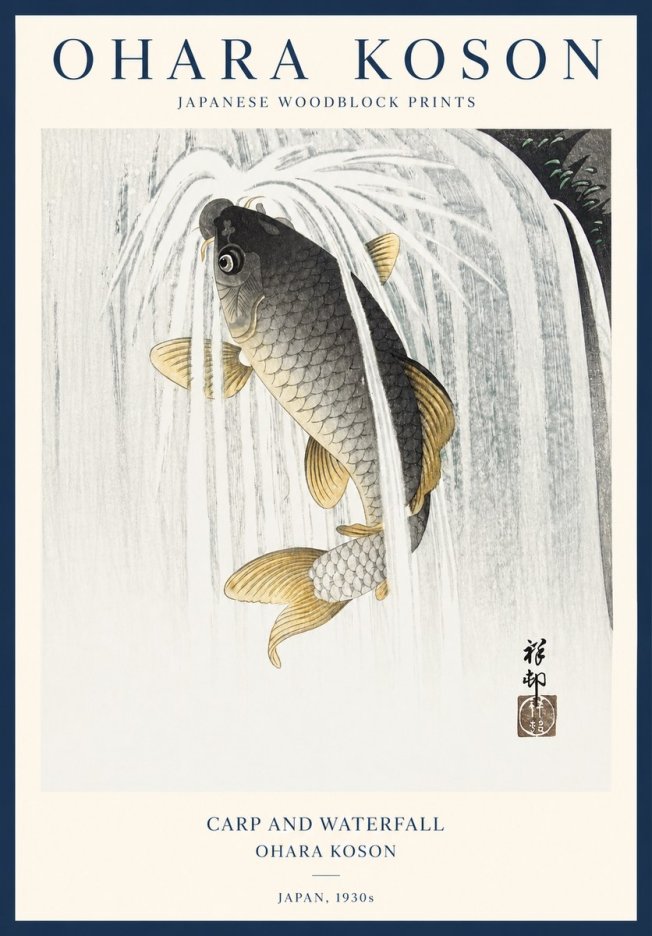 Ohara Koson Carp and Waterfall No1 - Póster