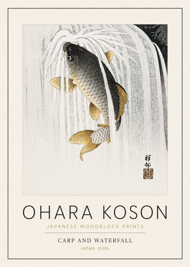 Ohara Koson Carp and Waterfall No3 - Póster