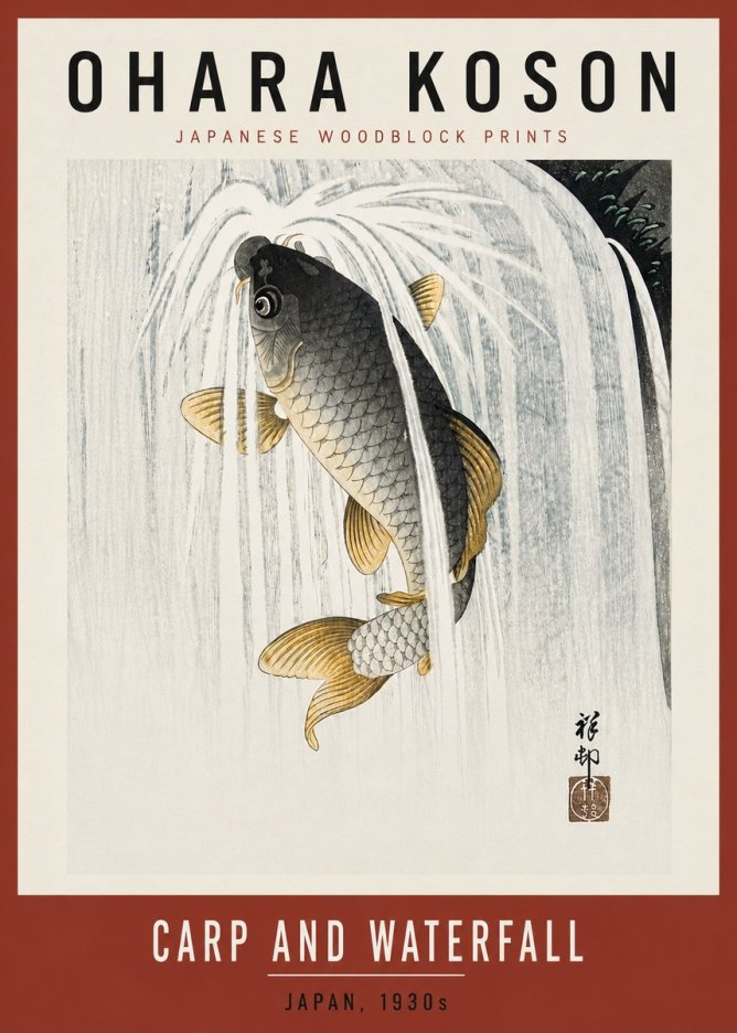 Ohara Koson Carp and Waterfall No6 - Póster