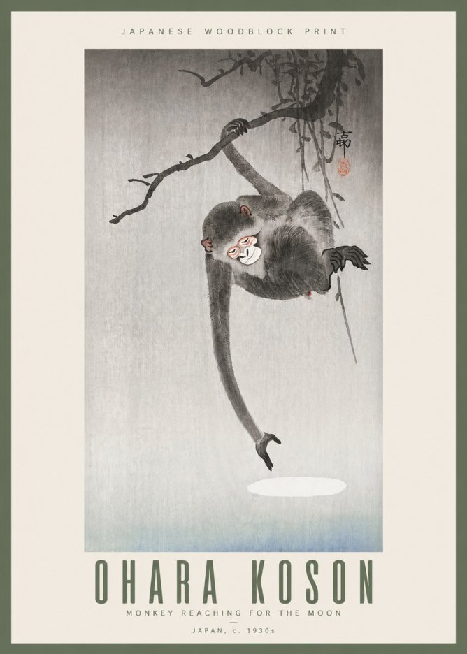 Ohara Koson Monkey Reaching for the Moon No3 - Póster