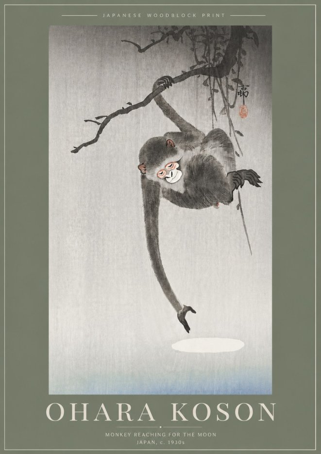 Ohara Koson Monkey Reaching for the Moon No5 - Póster