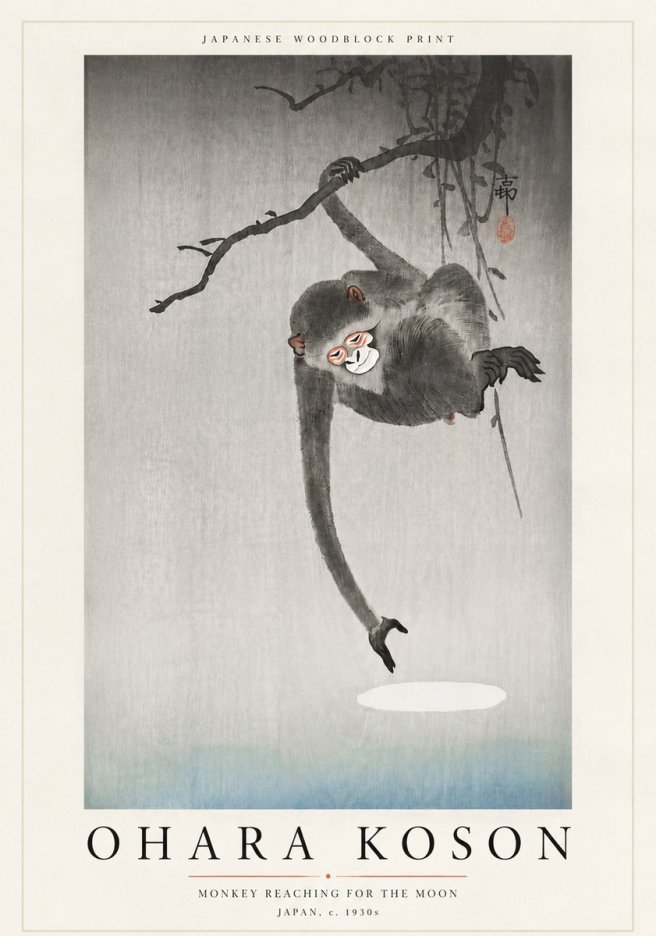 Ohara Koson Monkey Reaching for the Moon No6 - Póster