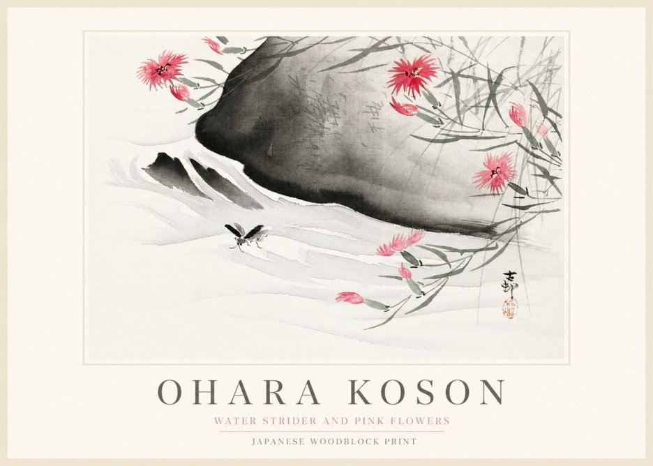 Ohara Koson Water Strider and Pink Flowers No1 - Póster
