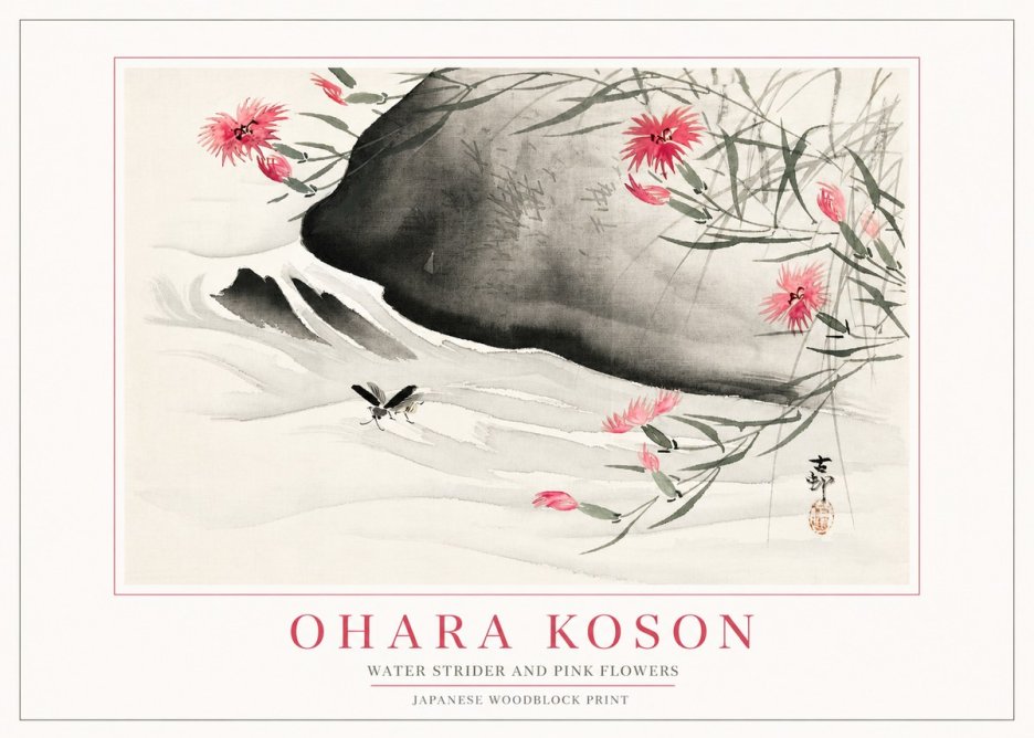 Ohara Koson Water Strider and Pink Flowers No2 - Póster