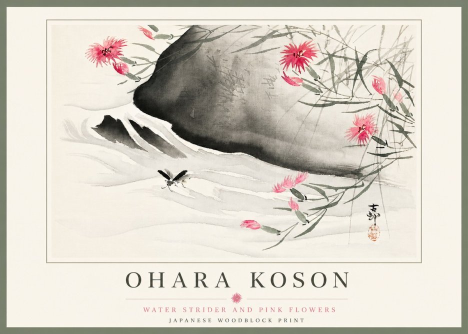 Ohara Koson Water Strider and Pink Flowers No5 - Póster