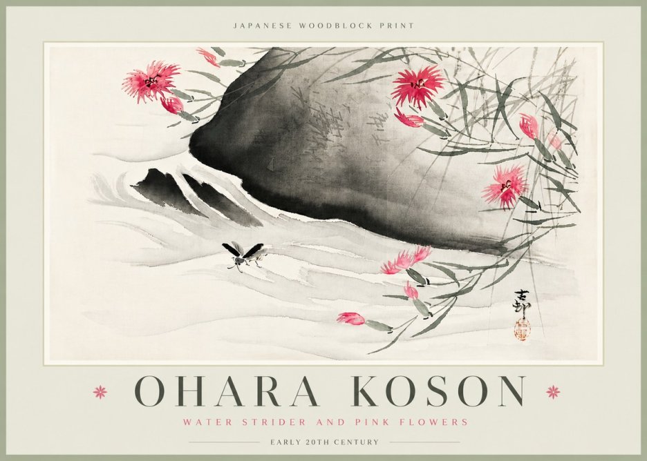Ohara Koson Water Strider and Pink Flowers No6 - Póster