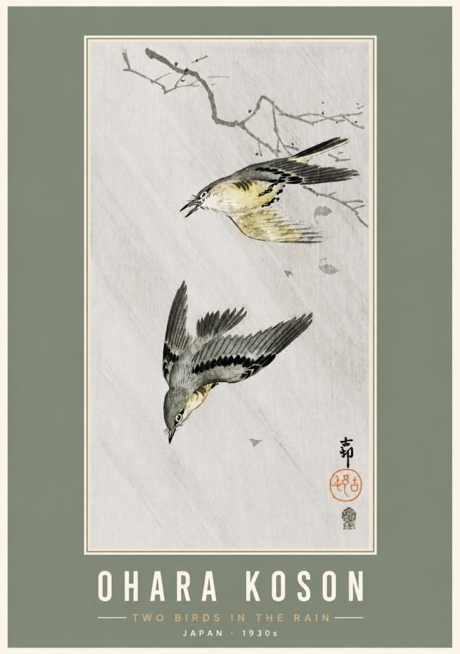 Ohara Koson Two Birds in the Rain No3 - Póster