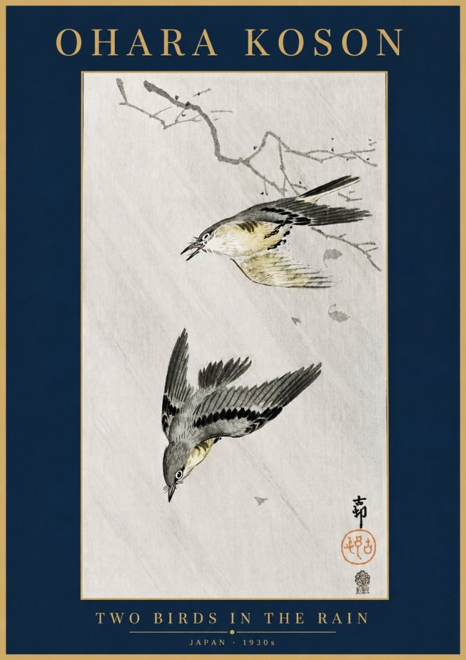 Ohara Koson Two Birds in the Rain No4 - Póster