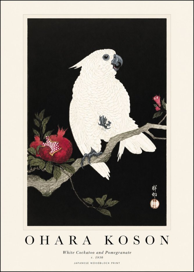 Ohara Koson White Cockatoo and Pomegranate I No1 - Póster