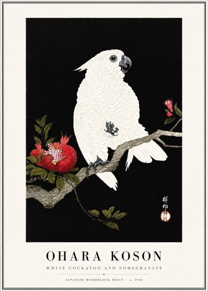 Ohara Koson White Cockatoo and Pomegranate I No4 - Póster