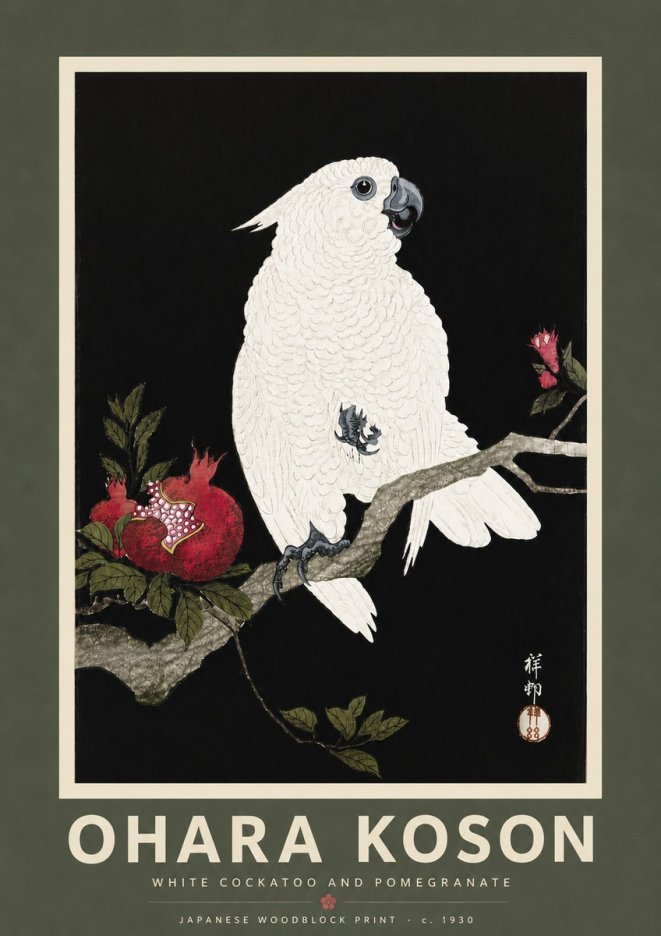 Ohara Koson White Cockatoo and Pomegranate I No5 - Póster