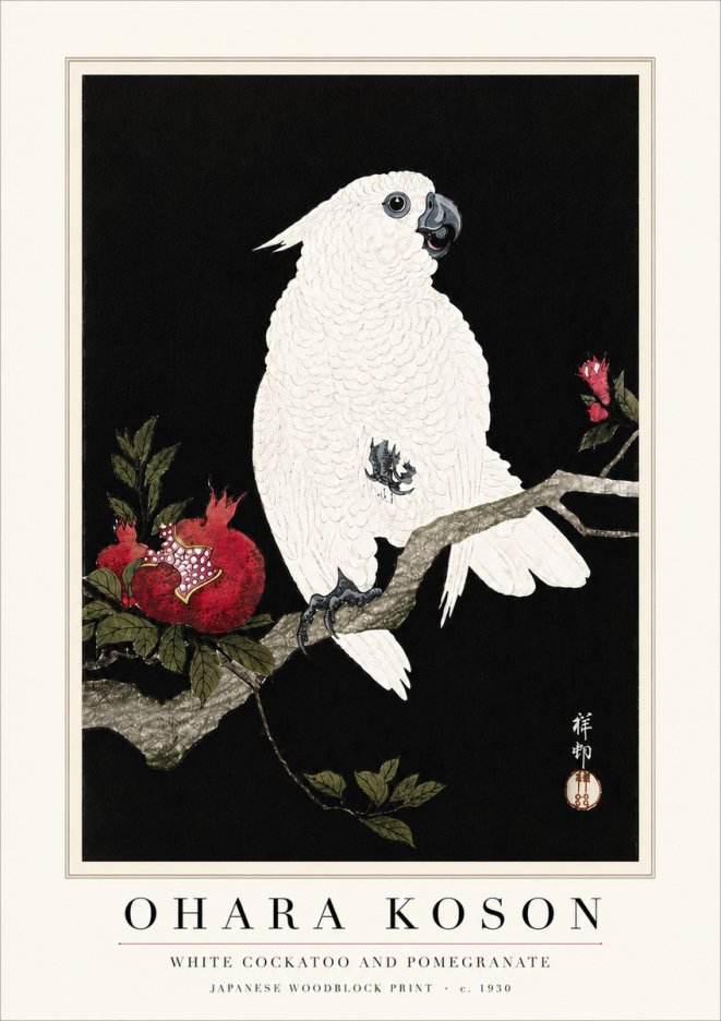 Ohara Koson White Cockatoo and Pomegranate I No6 - Póster