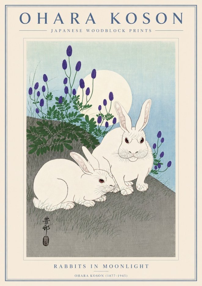 Ohara Koson Rabbits in Moonlight No4 - Póster