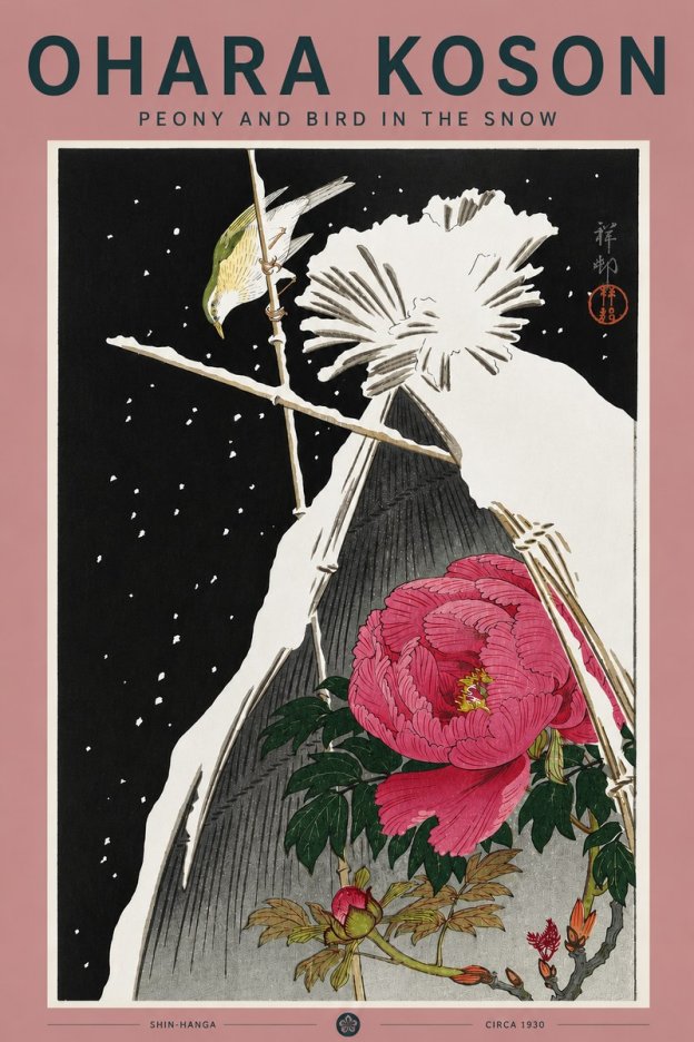 Ohara Koson Peony and Bird in the Snow No5 - Póster