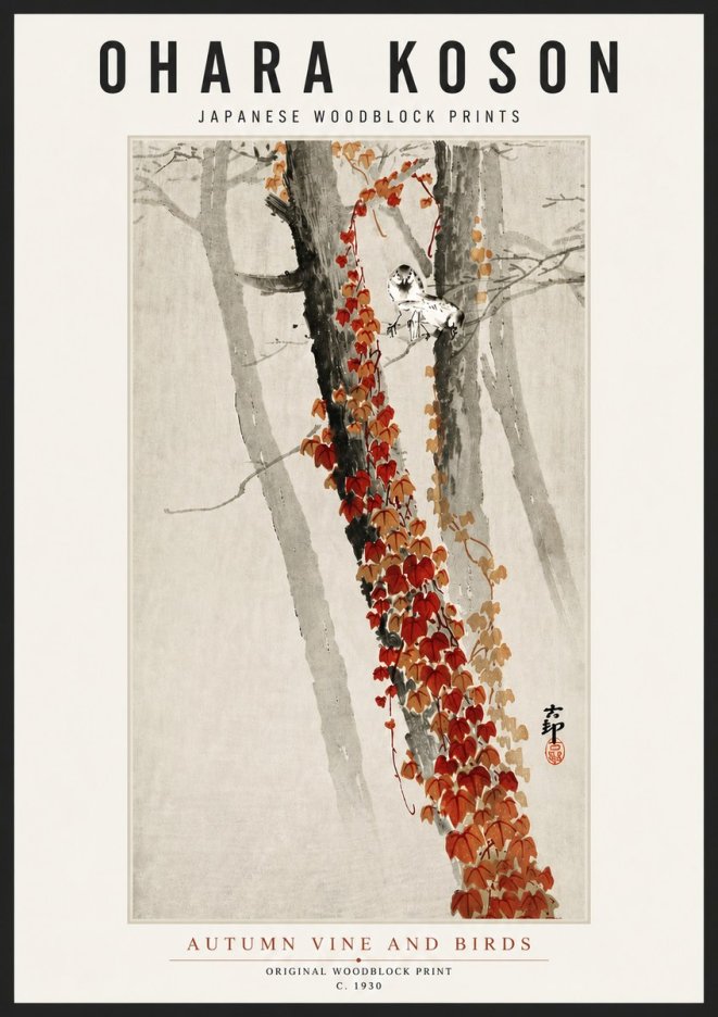 Ohara Koson Autumn Vine and Birds No4 - Póster