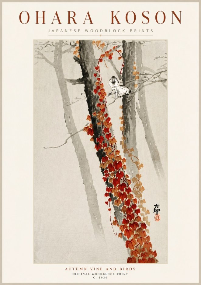 Ohara Koson Autumn Vine and Birds No5 - Póster