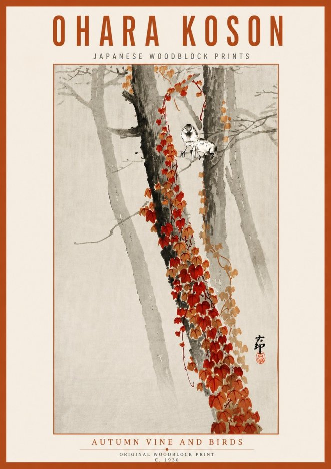 Ohara Koson Autumn Vine and Birds No6 - Póster