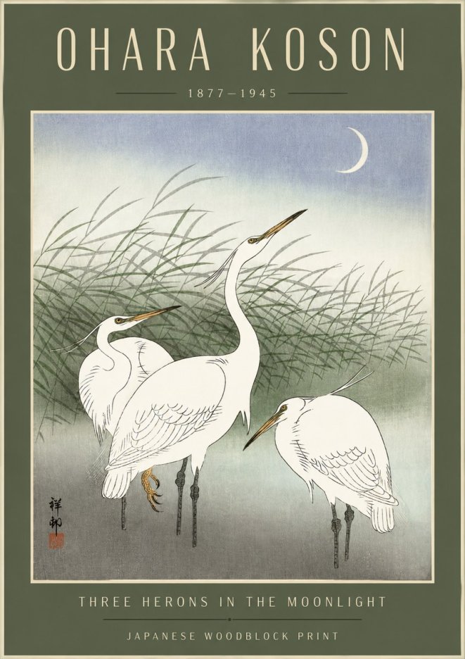 Ohara Koson Three Herons in the Moonlight No4 - Póster