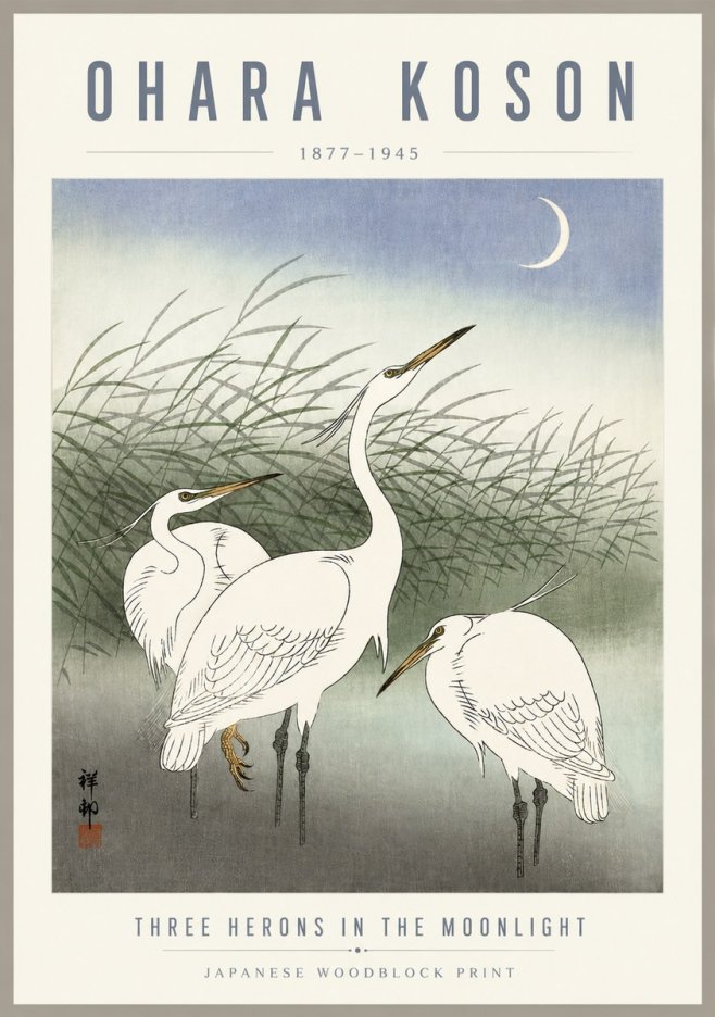 Ohara Koson Three Herons in the Moonlight No5 - Póster