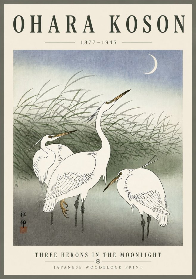 Ohara Koson Three Herons in the Moonlight No6 - Póster
