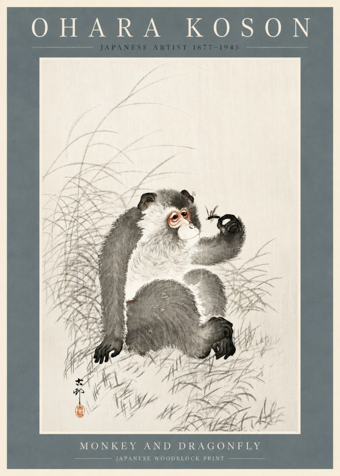 Ohara Koson Monkey and Dragonfly No2 - Póster