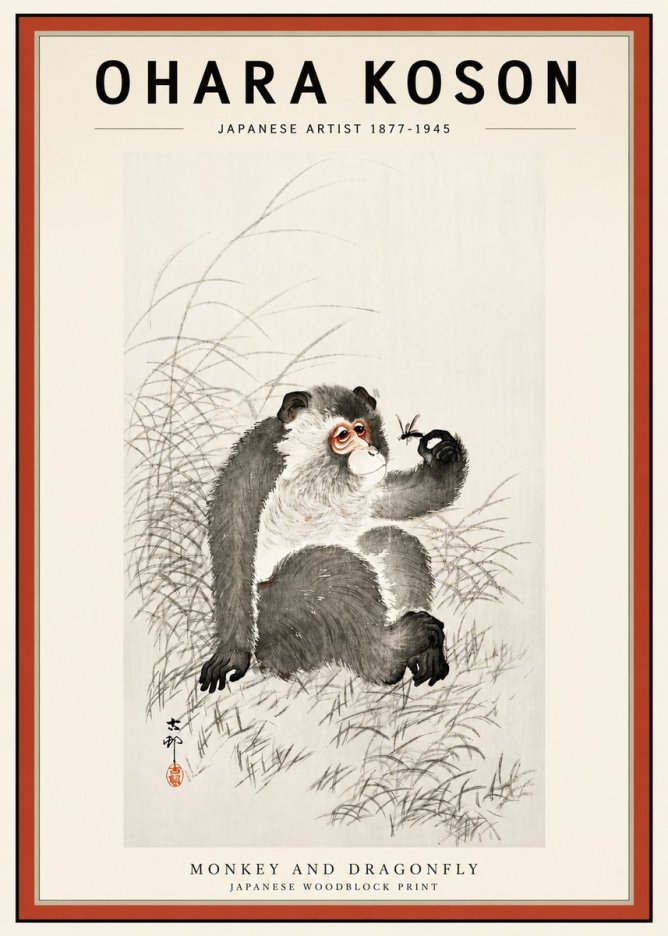 Ohara Koson Monkey and Dragonfly No3 - Póster