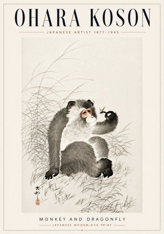 Ohara Koson Monkey and Dragonfly No5 - Póster
