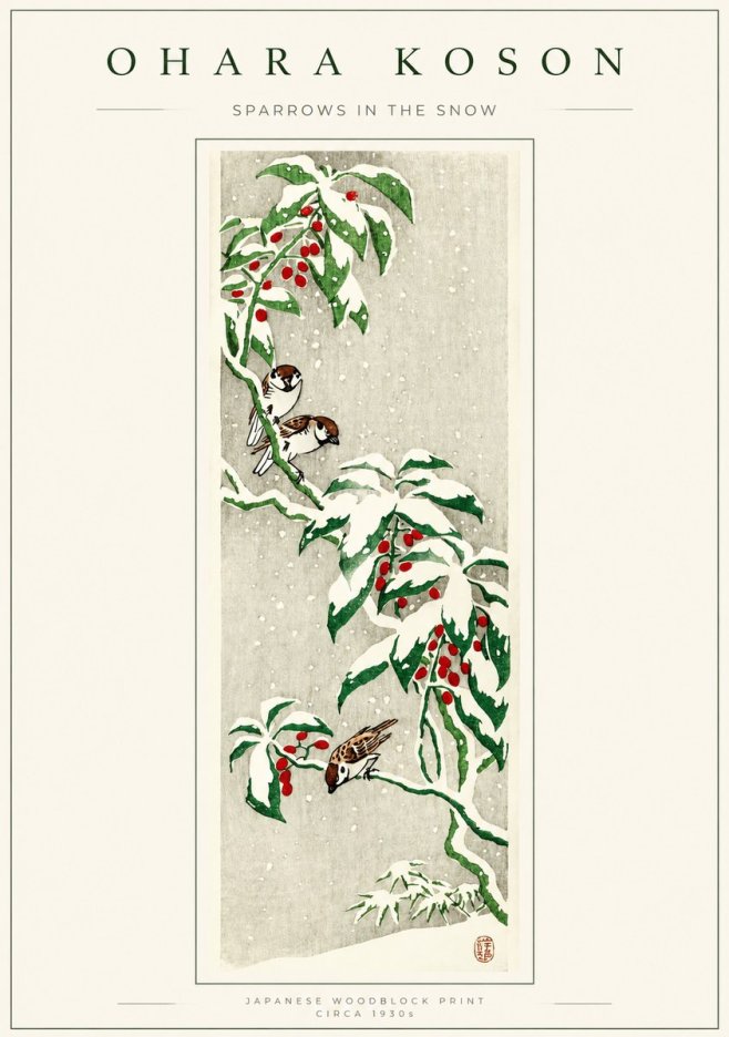 Ohara Koson Sparrows in the Snow No1 - Póster
