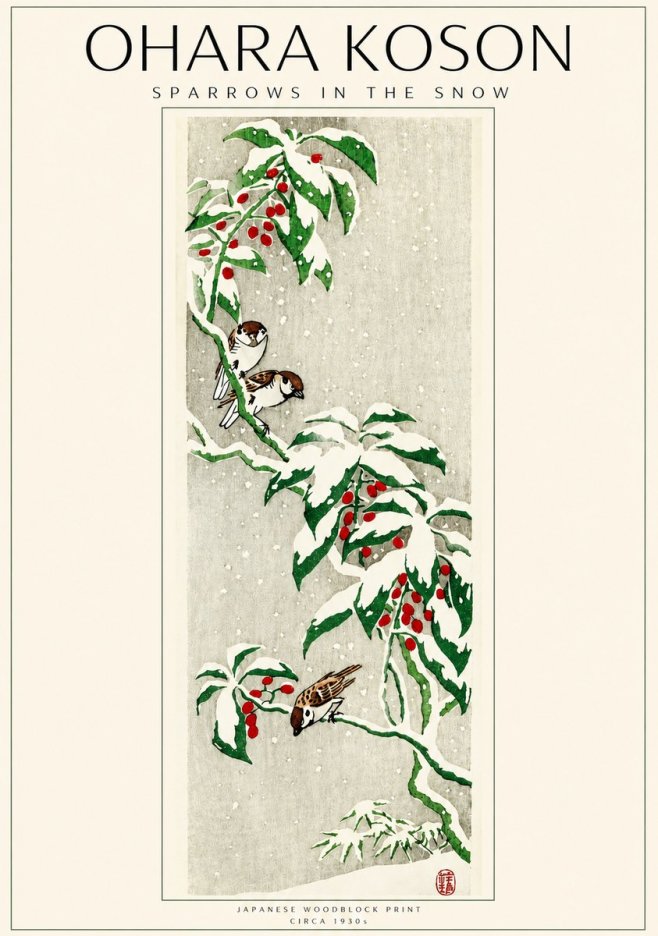Ohara Koson Sparrows in the Snow No3 - Póster
