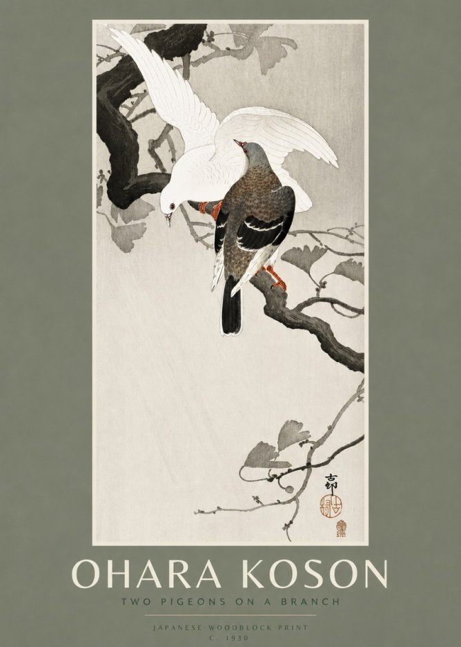Ohara Koson Two Pigeons on a Branch No2 - Póster