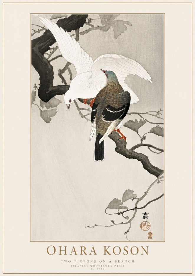 Ohara Koson Two Pigeons on a Branch No4 - Póster