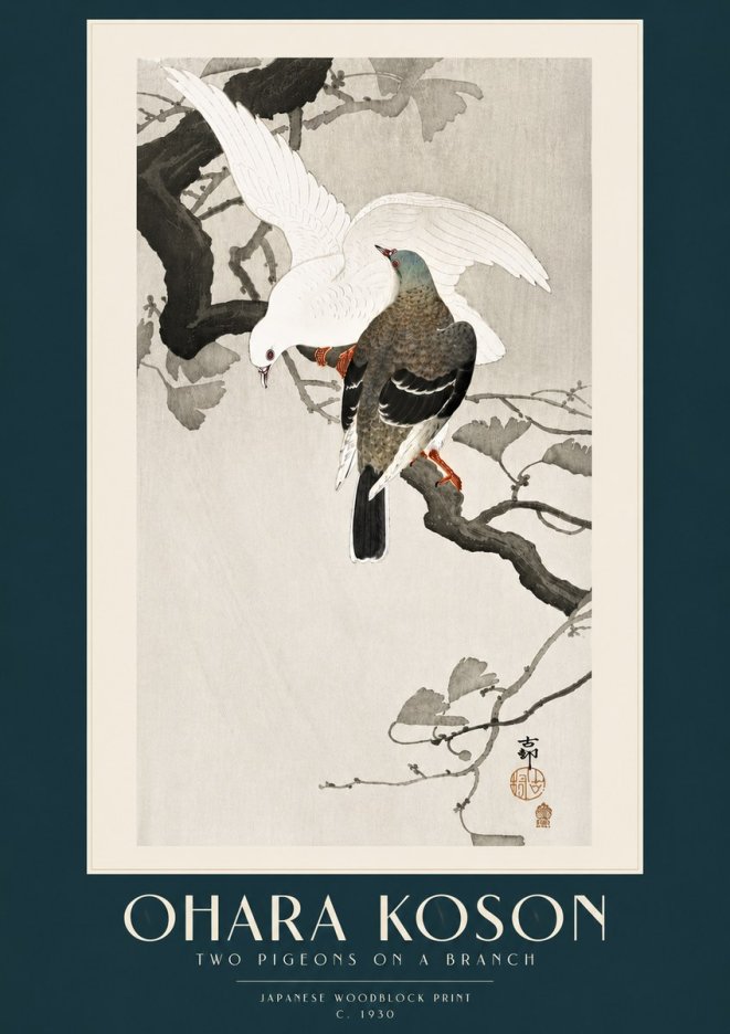 Ohara Koson Two Pigeons on a Branch No5 - Póster