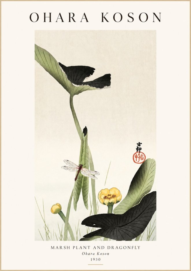 Ohara Koson Marsh Plant and Dragonfly No1 - Póster