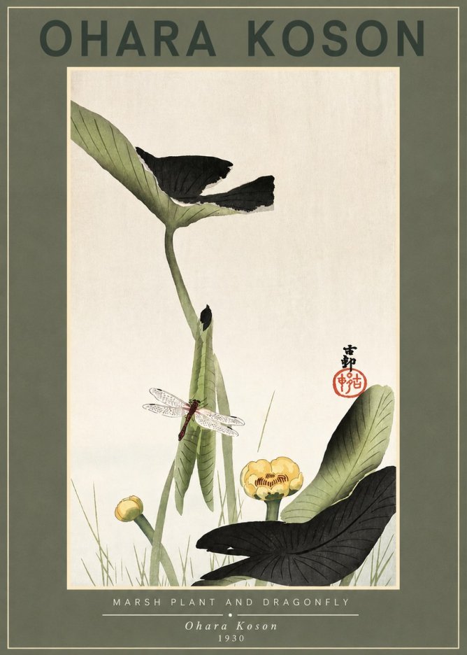 Ohara Koson Marsh Plant and Dragonfly No2 - Póster