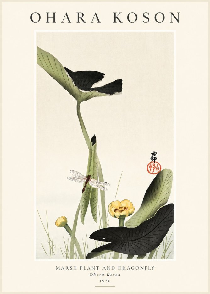 Ohara Koson Marsh Plant and Dragonfly No3 - Póster