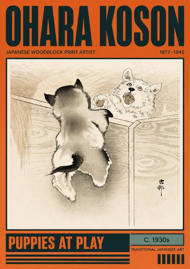 Ohara Koson Puppies at Play No2 - Póster